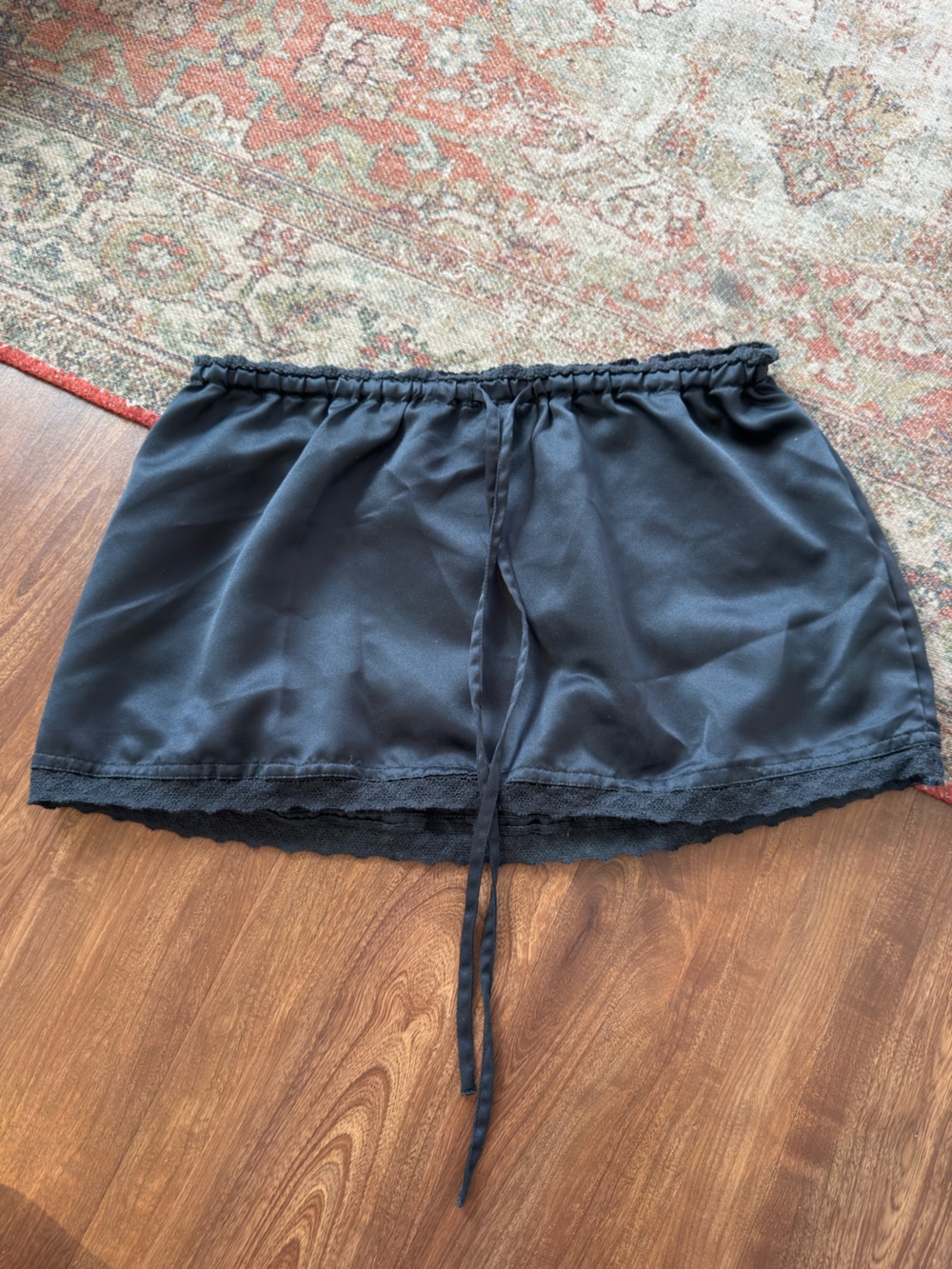 Kimchi Blue Black Satin-Look Mini Skirt with Lace Trim